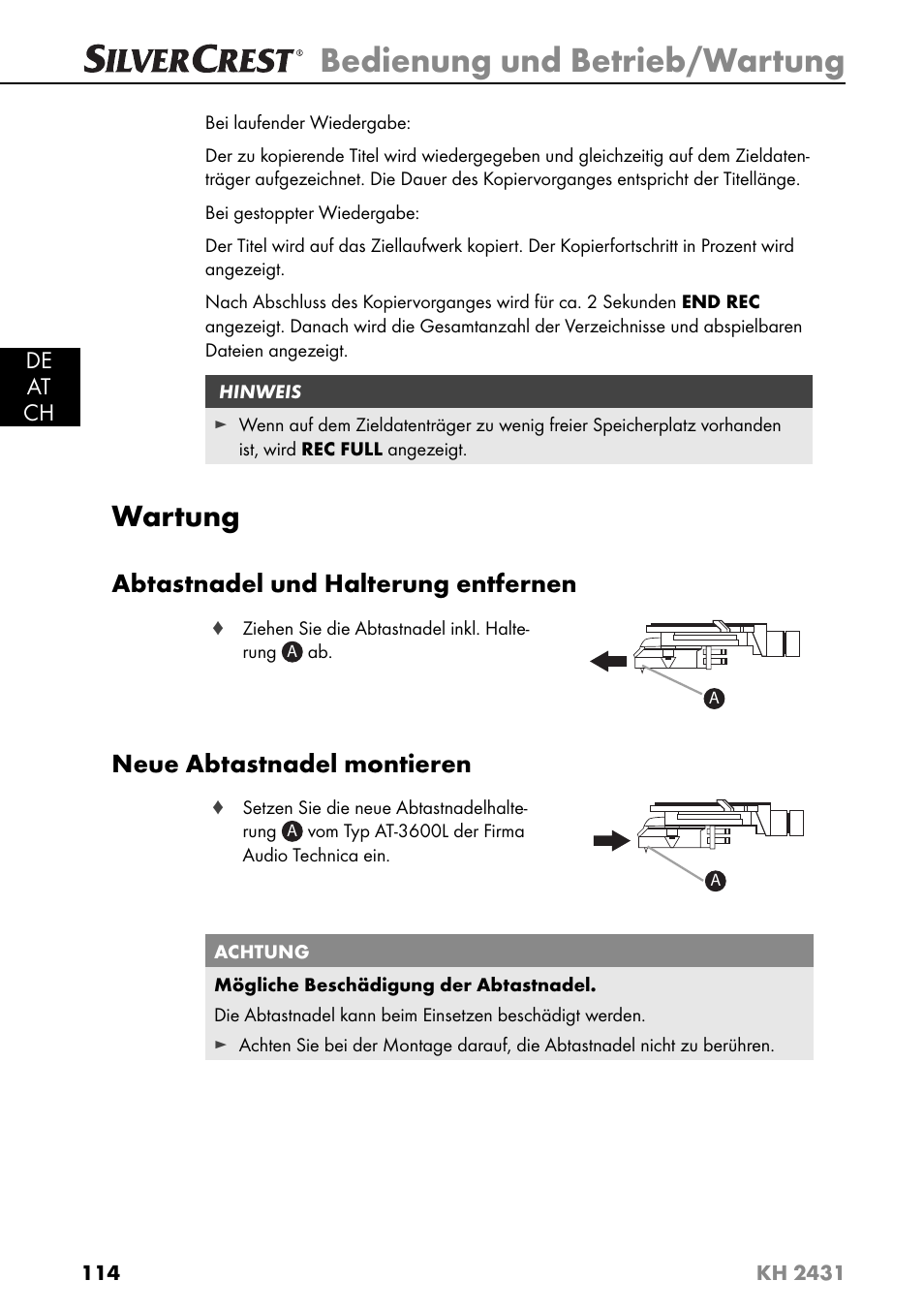 Bedienung und betrieb/wartung, Wartung, Abtastnadel und halterung entfernen | Neue abtastnadel montieren | Silvercrest KH 2431 User Manual | Page 117 / 124