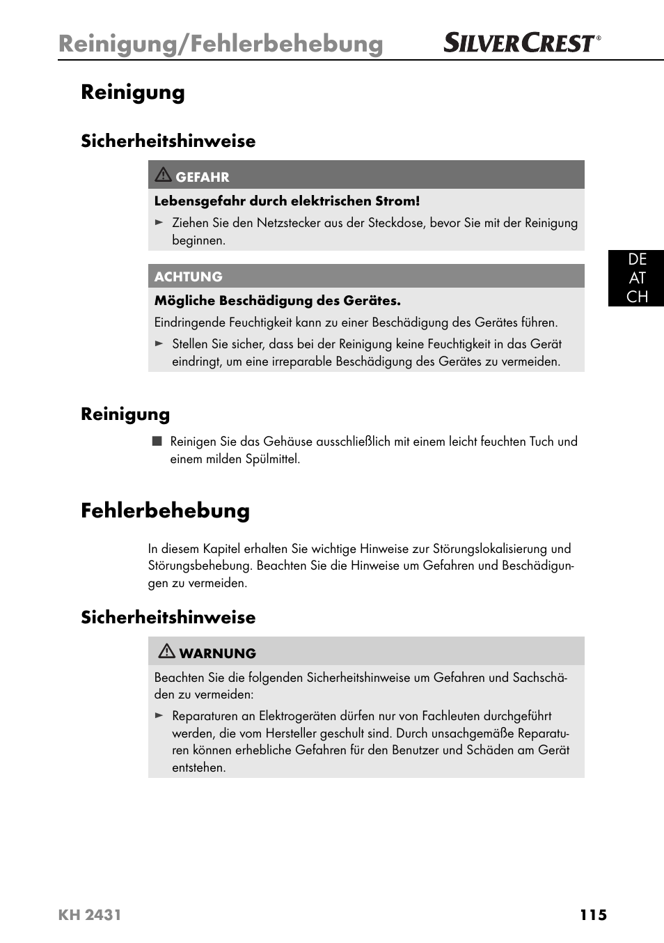 Reinigung/fehlerbehebung, Reinigung, Fehlerbehebung | Sicherheitshinweise | Silvercrest KH 2431 User Manual | Page 118 / 124