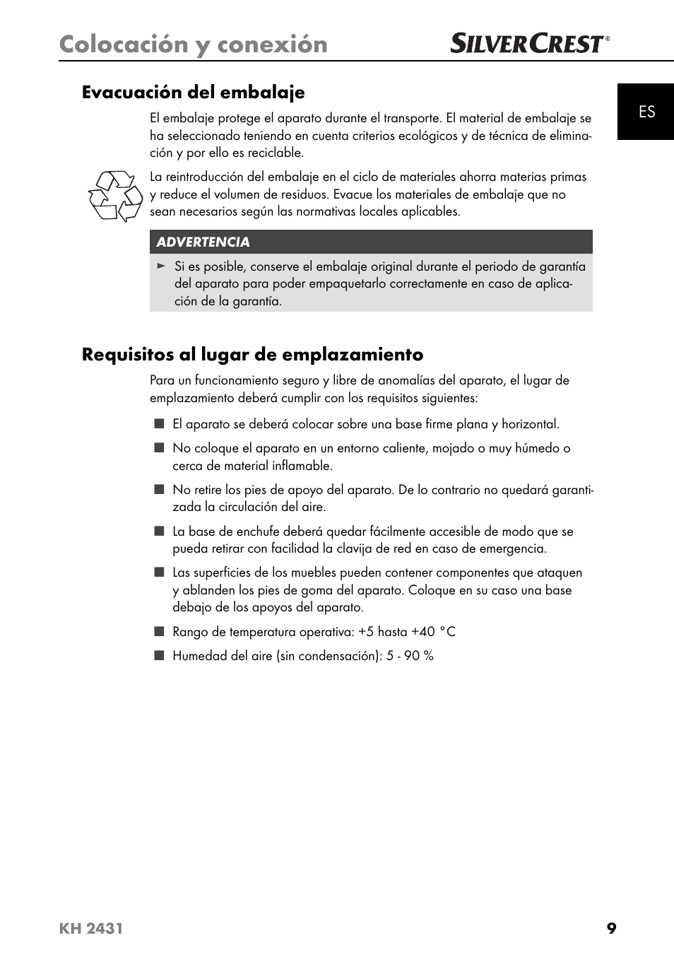 Colocación y conexión, Evacuación del embalaje, Requisitos al lugar de emplazamiento | Silvercrest KH 2431 User Manual | Page 12 / 124