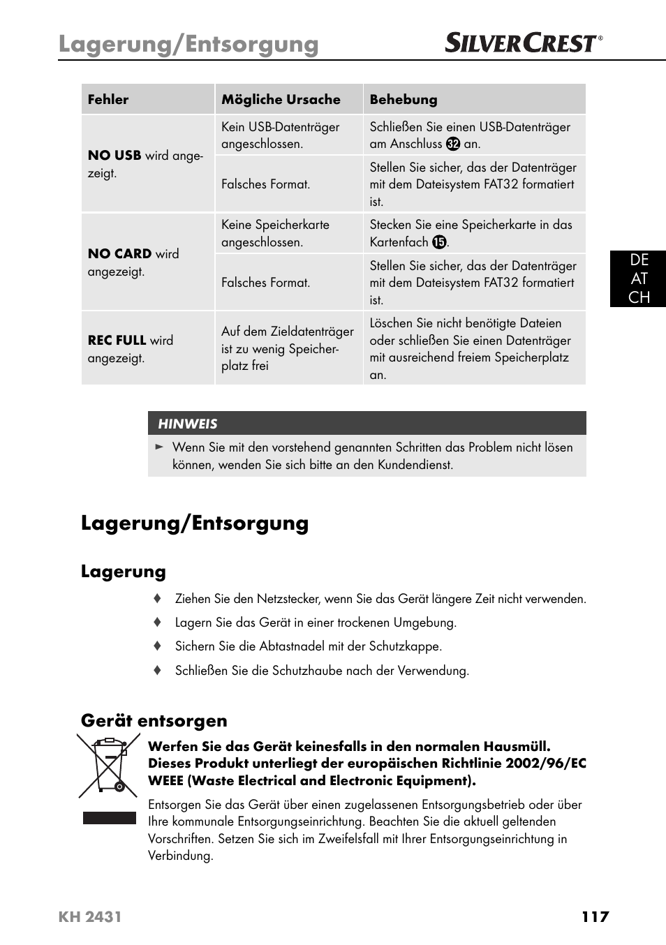 Lagerung/entsorgung, Lagerung, Gerät entsorgen | Silvercrest KH 2431 User Manual | Page 120 / 124