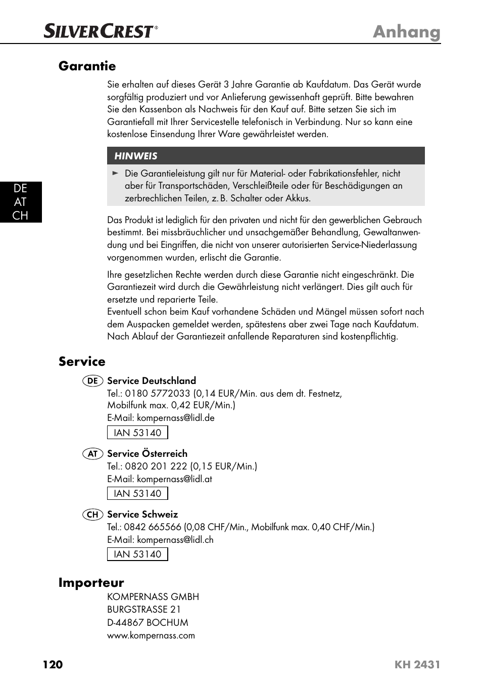 Anhang, Garantie, Service | Importeur | Silvercrest KH 2431 User Manual | Page 123 / 124