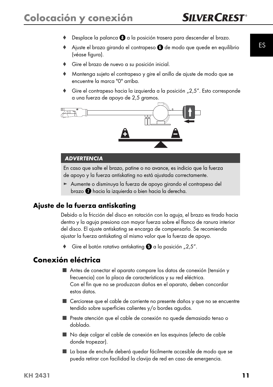 Colocación y conexión, Conexión eléctrica, Ajuste de la fuerza antiskating | Silvercrest KH 2431 User Manual | Page 14 / 124