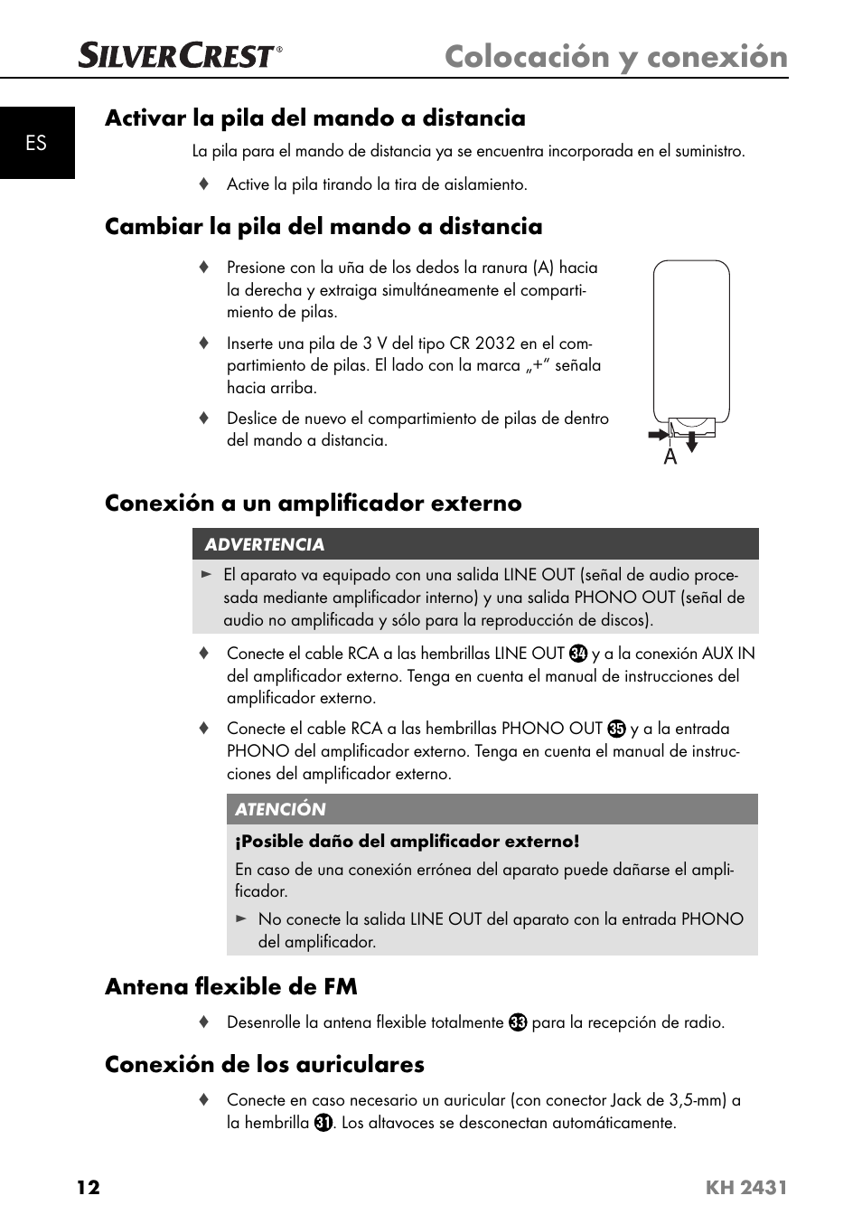 Colocación y conexión, Activar la pila del mando a distancia, Cambiar la pila del mando a distancia | Conexión a un ampliﬁ cador externo, Antena ﬂ exible de fm, Conexión de los auriculares | Silvercrest KH 2431 User Manual | Page 15 / 124