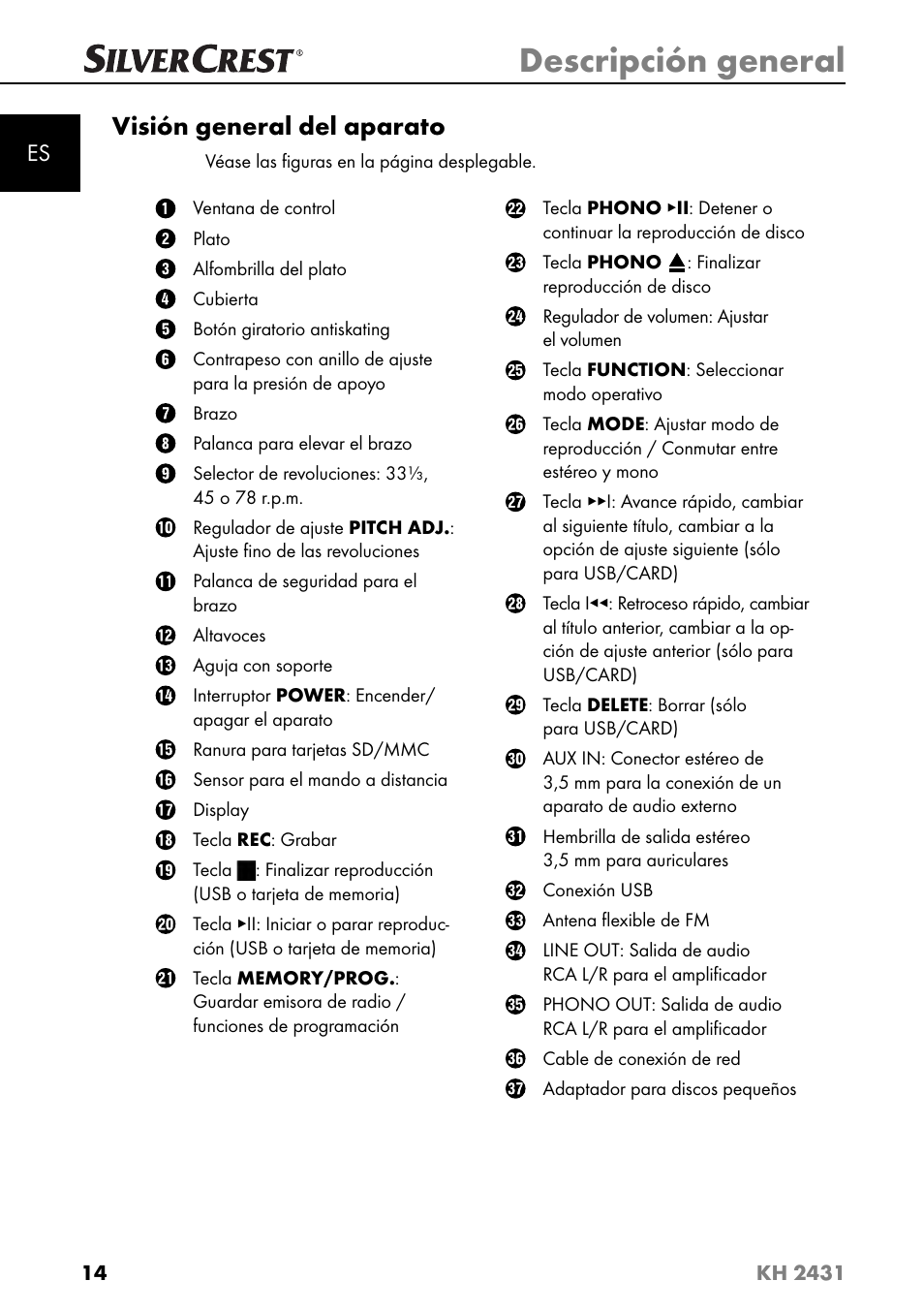 Descripción general, Visión general del aparato | Silvercrest KH 2431 User Manual | Page 17 / 124