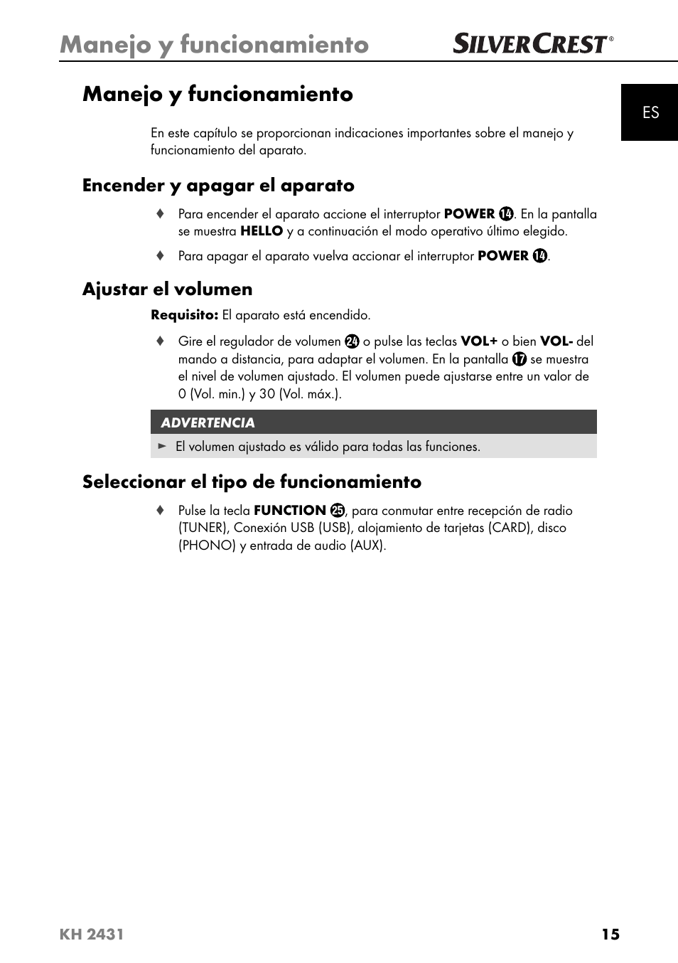 Manejo y funcionamiento, Encender y apagar el aparato, Ajustar el volumen | Seleccionar el tipo de funcionamiento | Silvercrest KH 2431 User Manual | Page 18 / 124