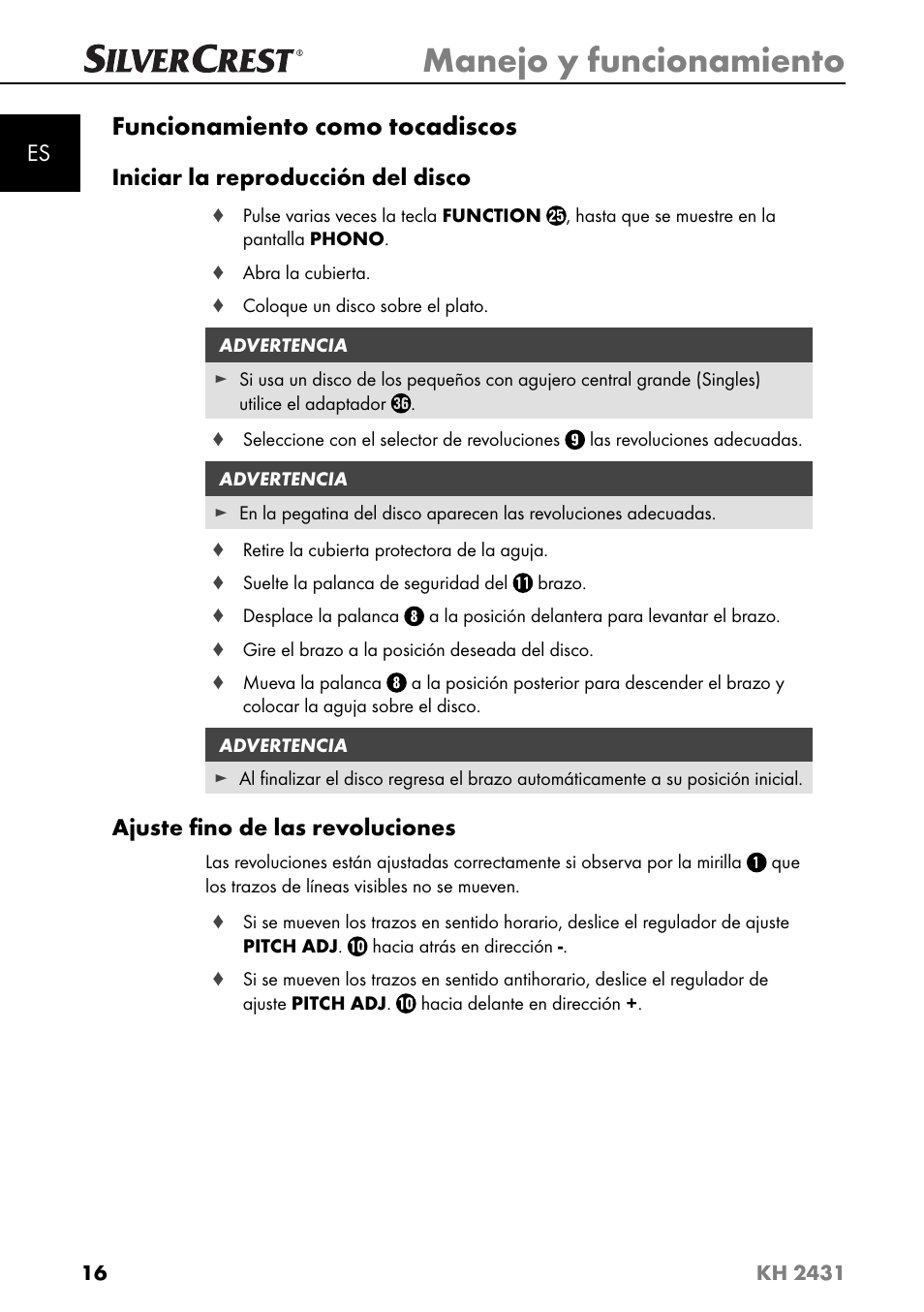 Manejo y funcionamiento, Funcionamiento como tocadiscos, Iniciar la reproducción del disco | Ajuste ﬁ no de las revoluciones | Silvercrest KH 2431 User Manual | Page 19 / 124