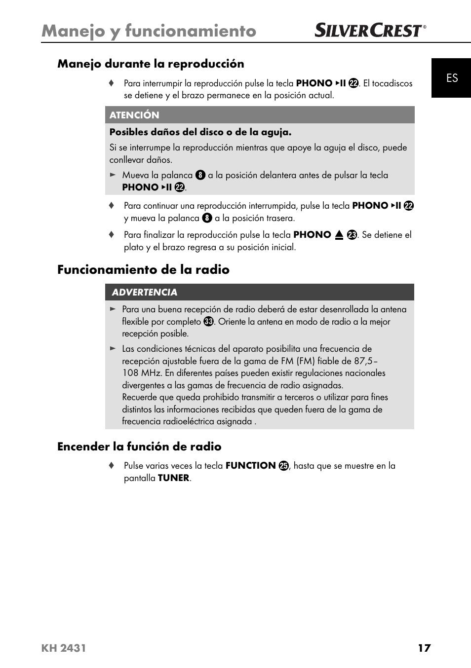 Manejo y funcionamiento, Funcionamiento de la radio | Silvercrest KH 2431 User Manual | Page 20 / 124