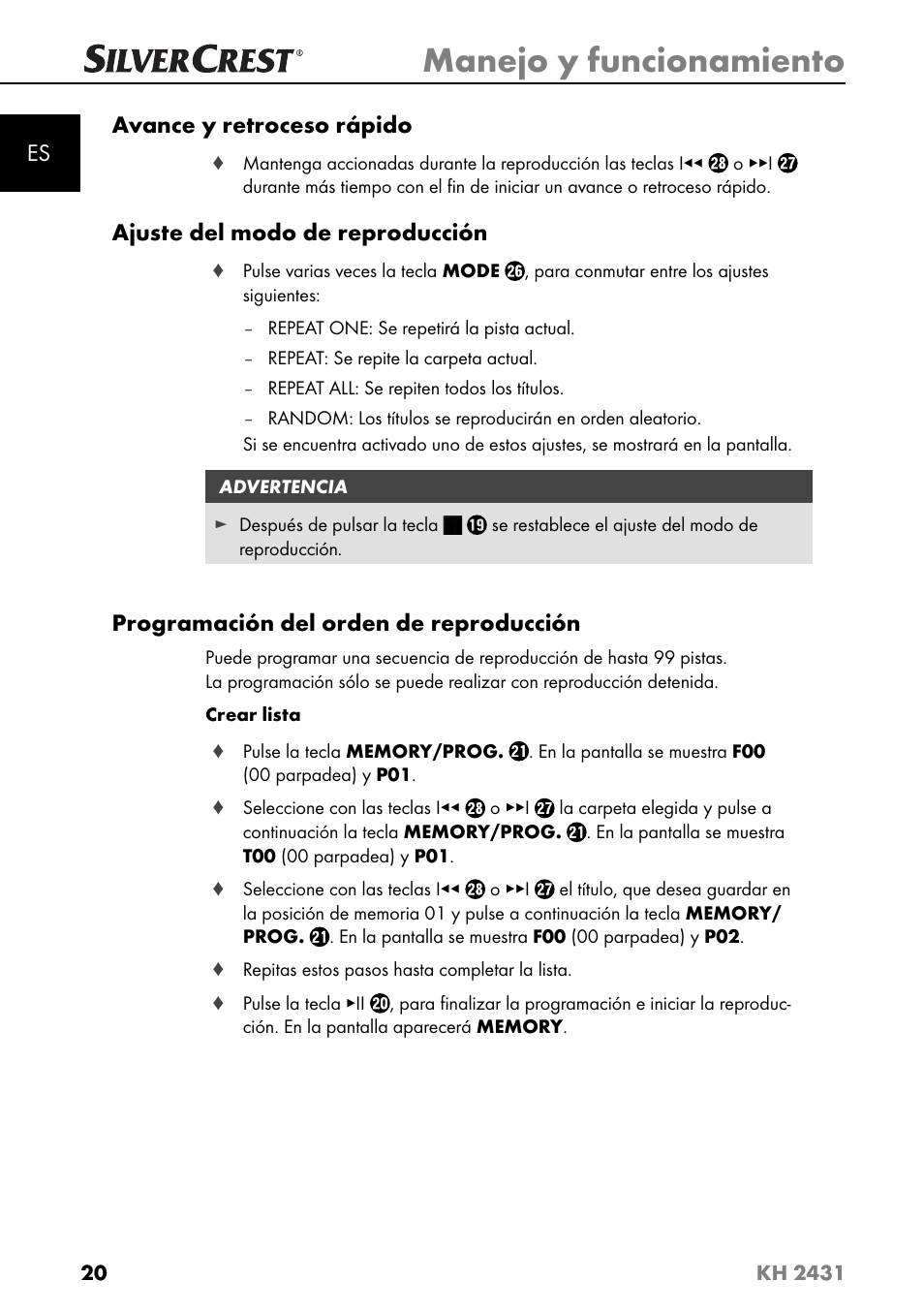 Manejo y funcionamiento, Es avance y retroceso rápido, Ajuste del modo de reproducción | Programación del orden de reproducción | Silvercrest KH 2431 User Manual | Page 23 / 124