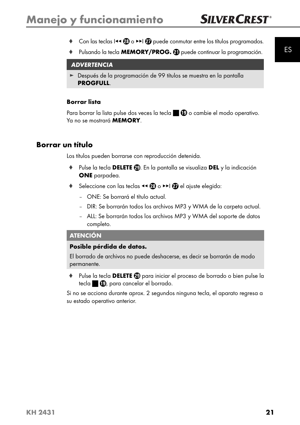 Manejo y funcionamiento, Borrar un título | Silvercrest KH 2431 User Manual | Page 24 / 124