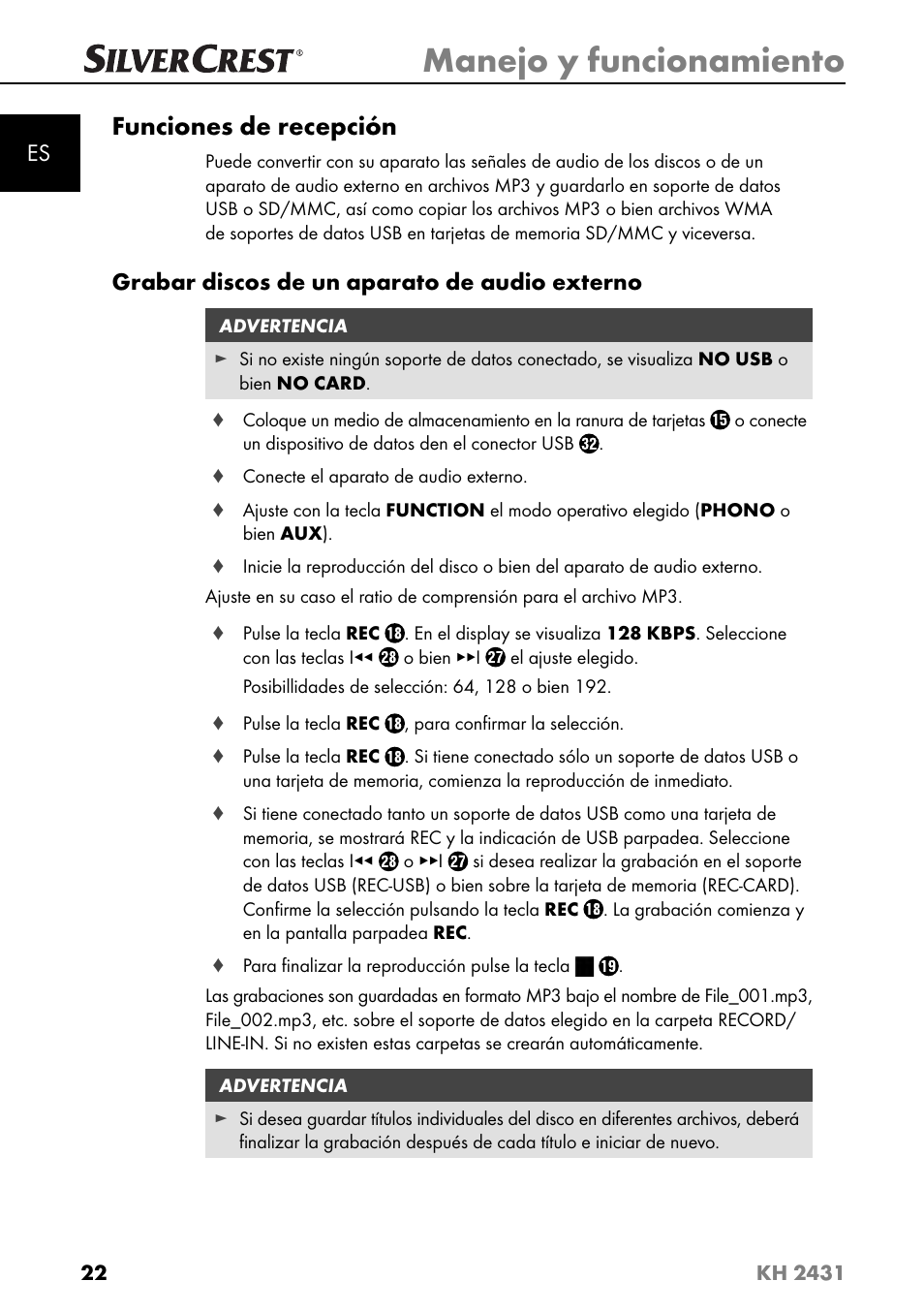 Manejo y funcionamiento, Funciones de recepción, Grabar discos de un aparato de audio externo | Silvercrest KH 2431 User Manual | Page 25 / 124