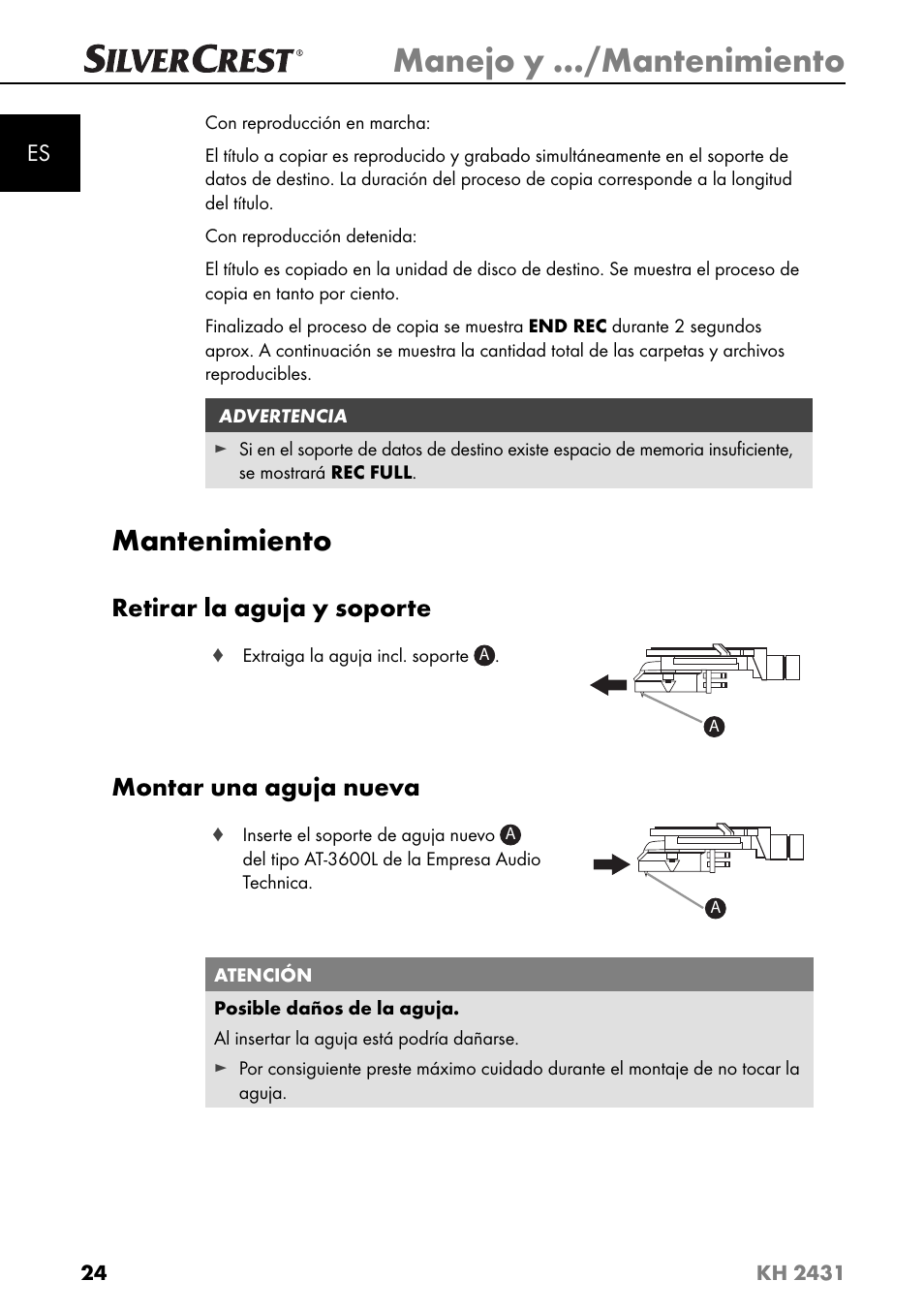 Manejo y …/mantenimiento, Mantenimiento, Retirar la aguja y soporte | Montar una aguja nueva | Silvercrest KH 2431 User Manual | Page 27 / 124