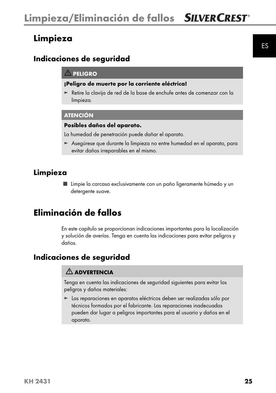 Limpieza/eliminación de fallos, Limpieza, Eliminación de fallos | Indicaciones de seguridad | Silvercrest KH 2431 User Manual | Page 28 / 124