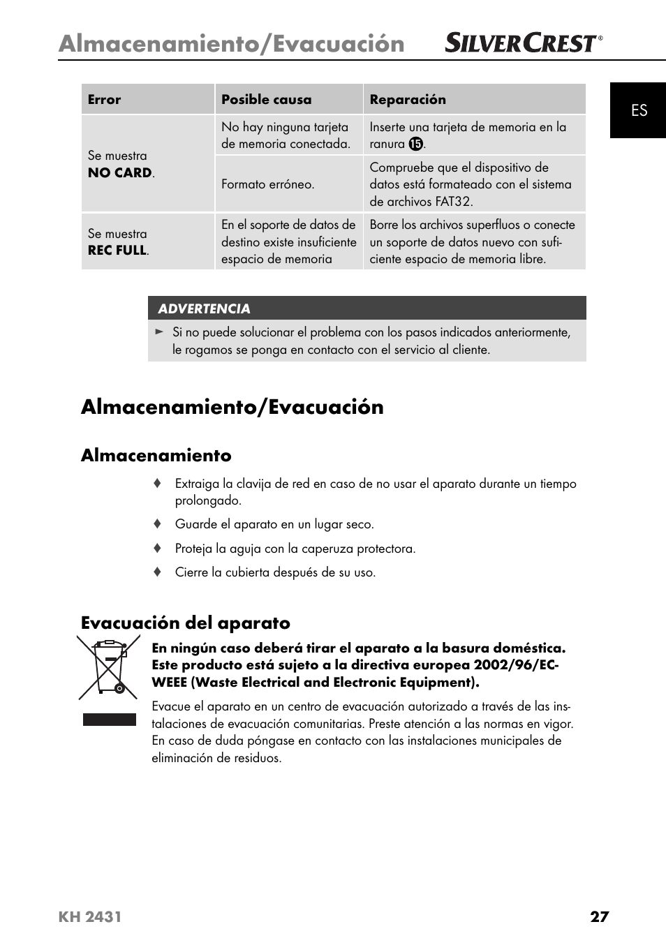 Almacenamiento/evacuación, Almacenamiento, Evacuación del aparato | Silvercrest KH 2431 User Manual | Page 30 / 124