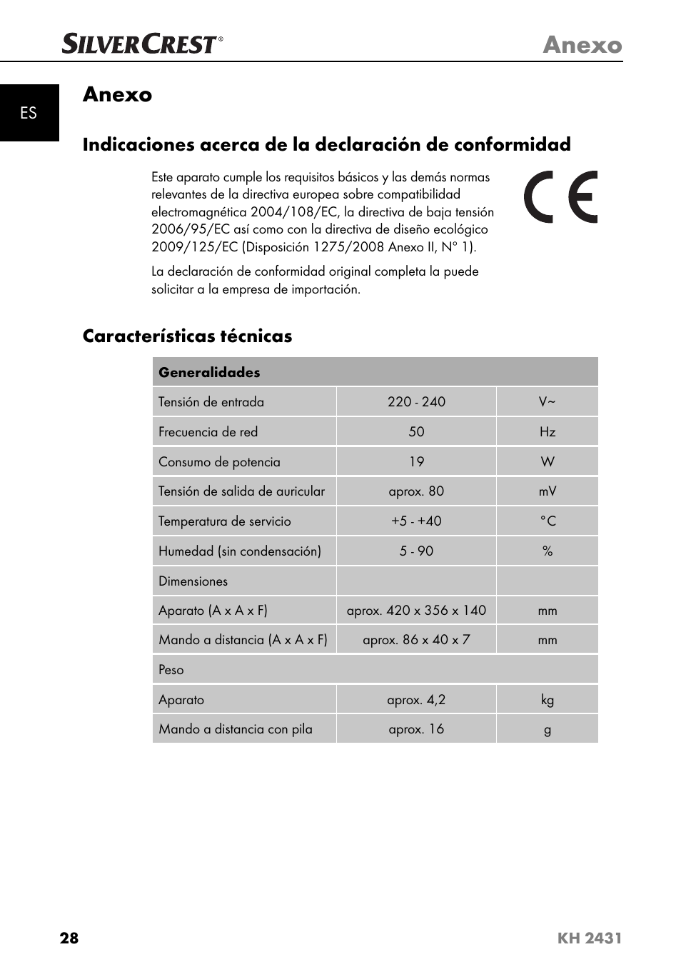 Anexo, Características técnicas | Silvercrest KH 2431 User Manual | Page 31 / 124