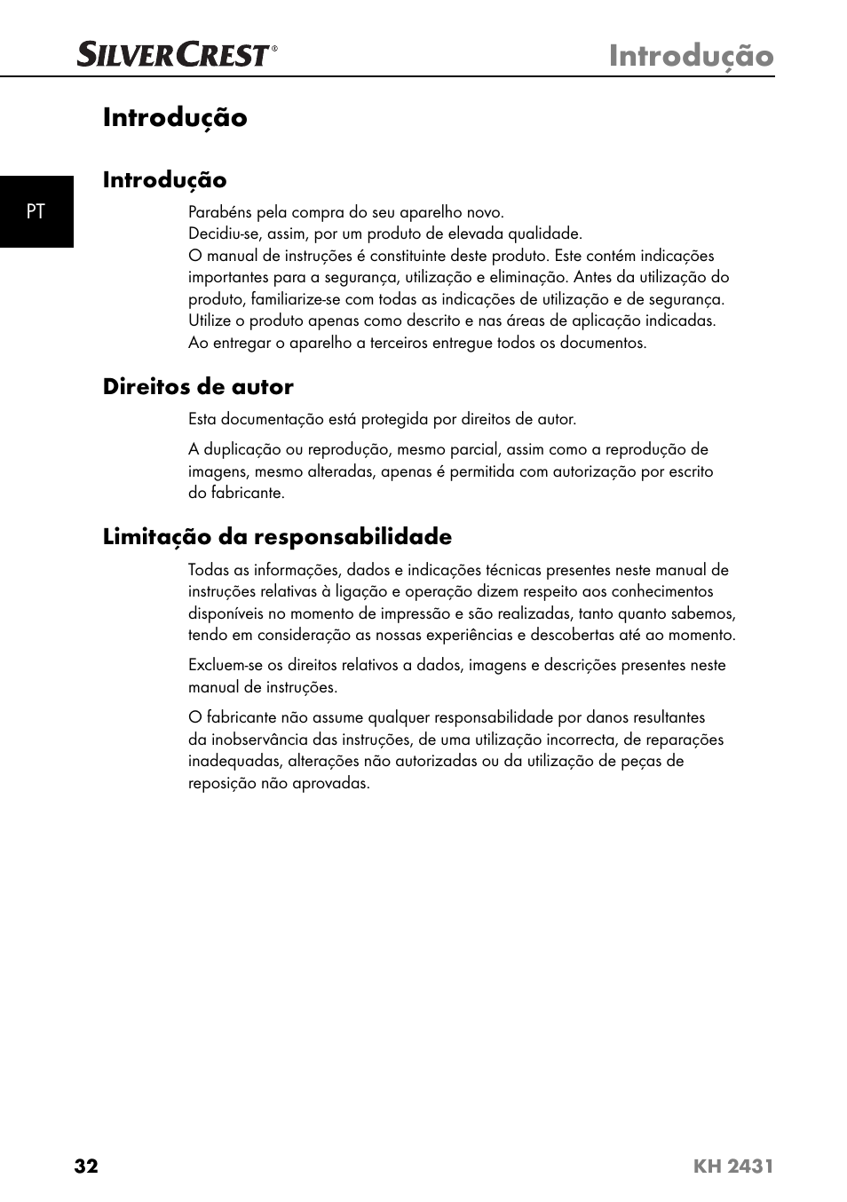 Introdução, Direitos de autor, Limitação da responsabilidade | Silvercrest KH 2431 User Manual | Page 35 / 124