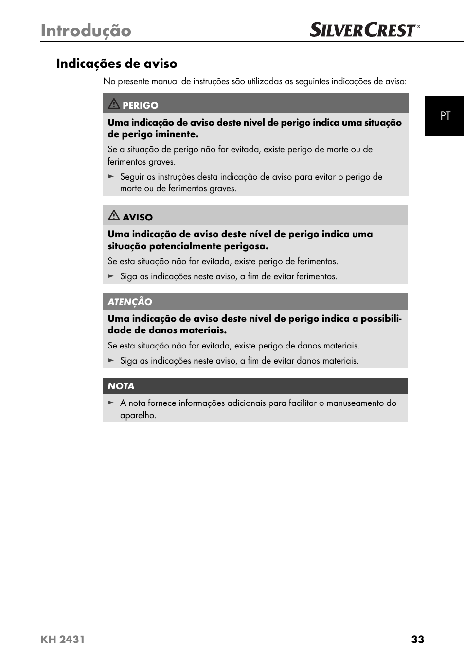 Introdução, Indicações de aviso | Silvercrest KH 2431 User Manual | Page 36 / 124