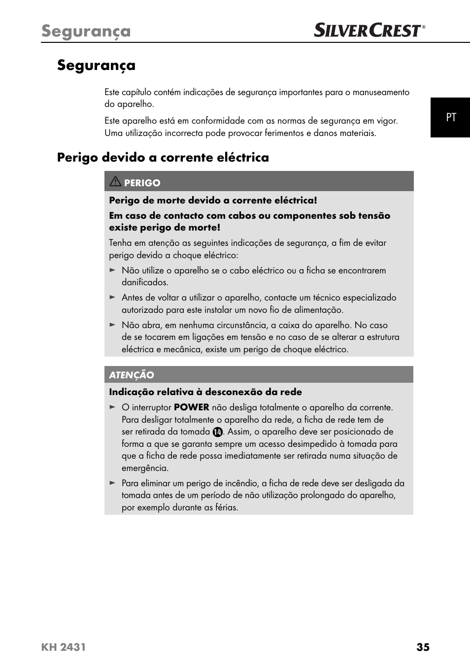 Segurança, Perigo devido a corrente eléctrica | Silvercrest KH 2431 User Manual | Page 38 / 124