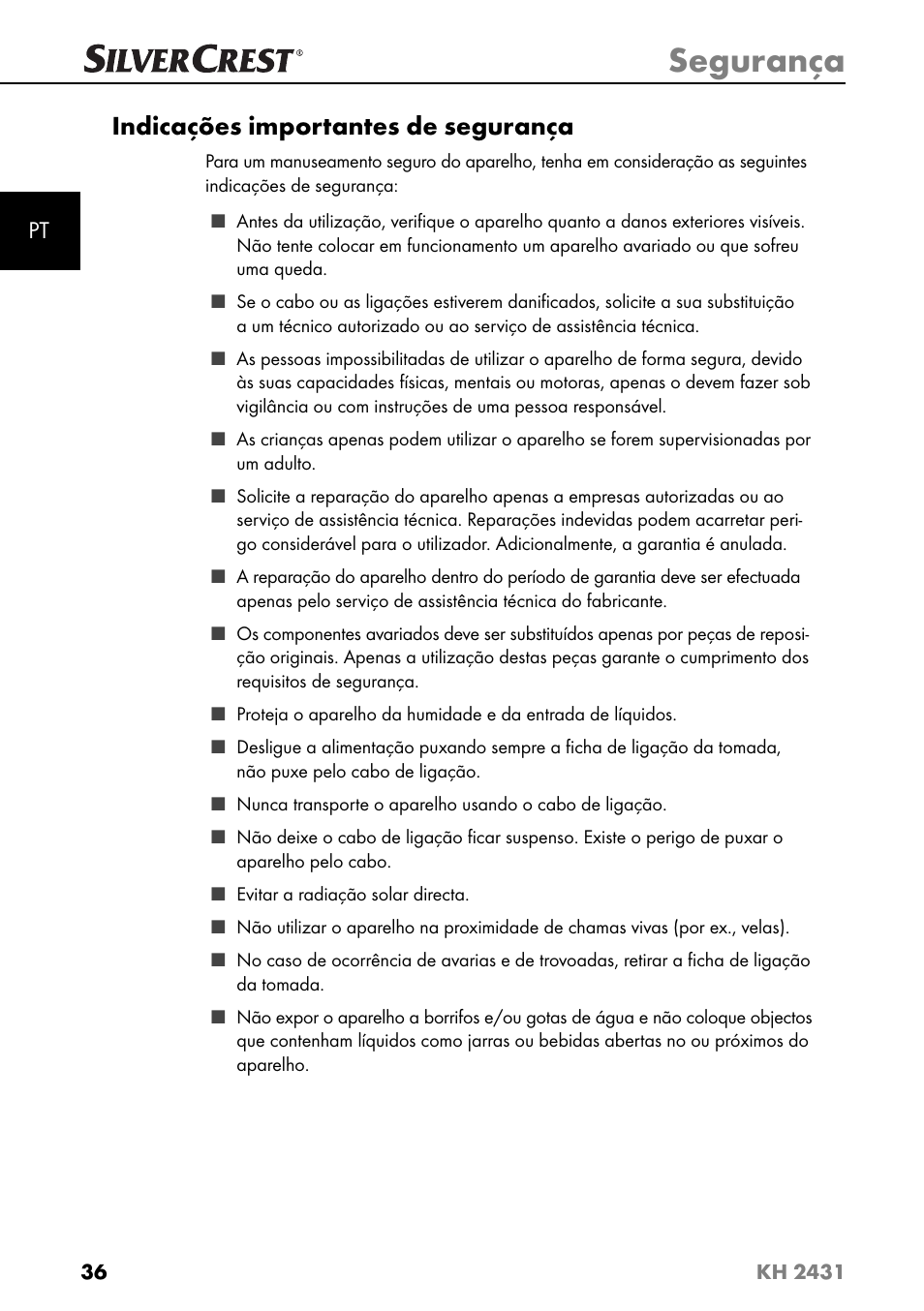 Segurança, Indicações importantes de segurança | Silvercrest KH 2431 User Manual | Page 39 / 124