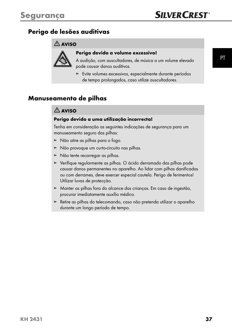 Segurança, Perigo de lesões auditivas, Manuseamento de pilhas | Silvercrest KH 2431 User Manual | Page 40 / 124