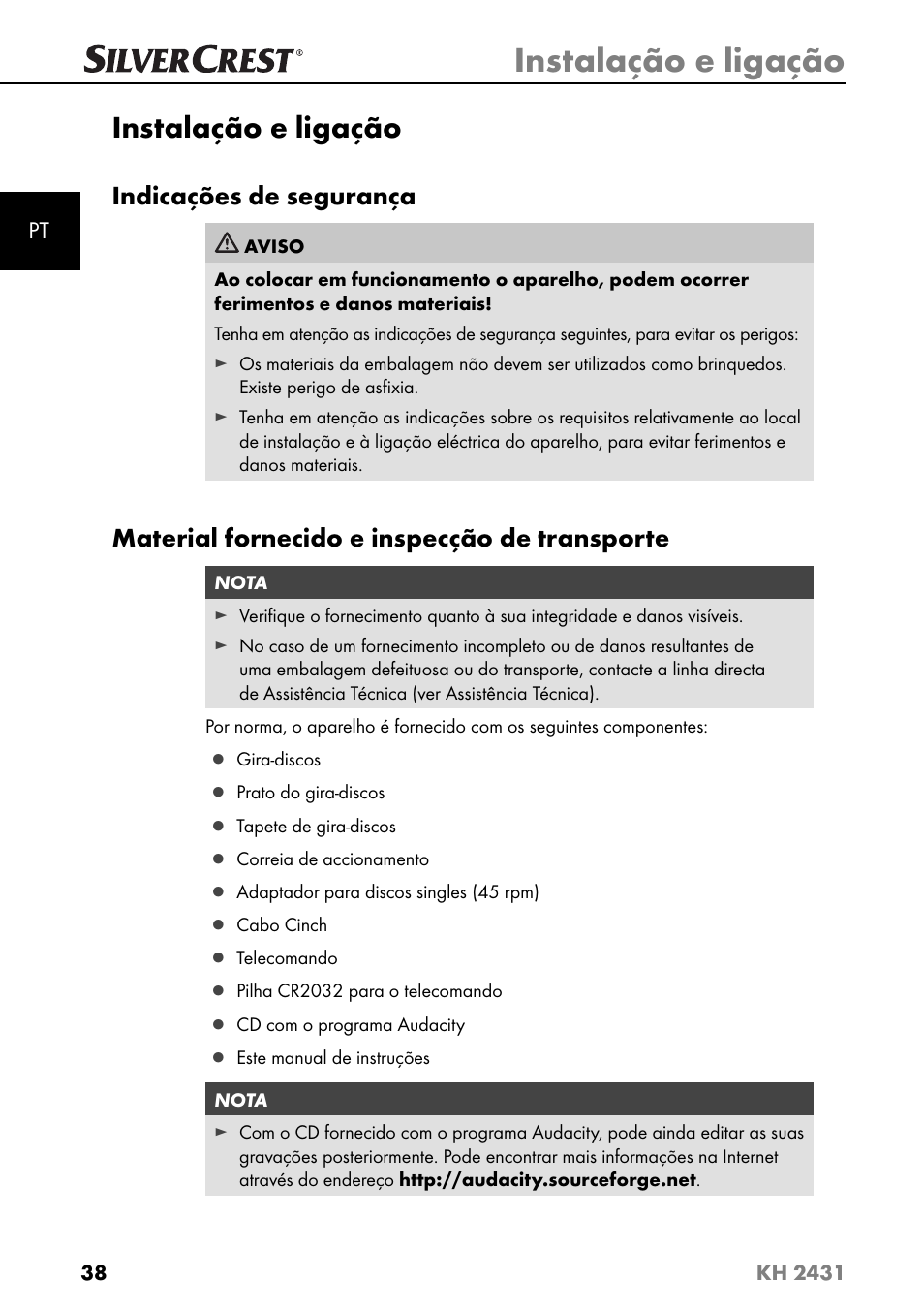 Instalação e ligação, Indicações de segurança, Material fornecido e inspecção de transporte | Silvercrest KH 2431 User Manual | Page 41 / 124