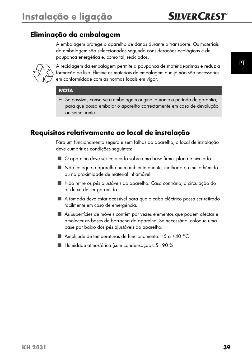 Instalação e ligação, Eliminação da embalagem, Requisitos relativamente ao local de instalação | Silvercrest KH 2431 User Manual | Page 42 / 124