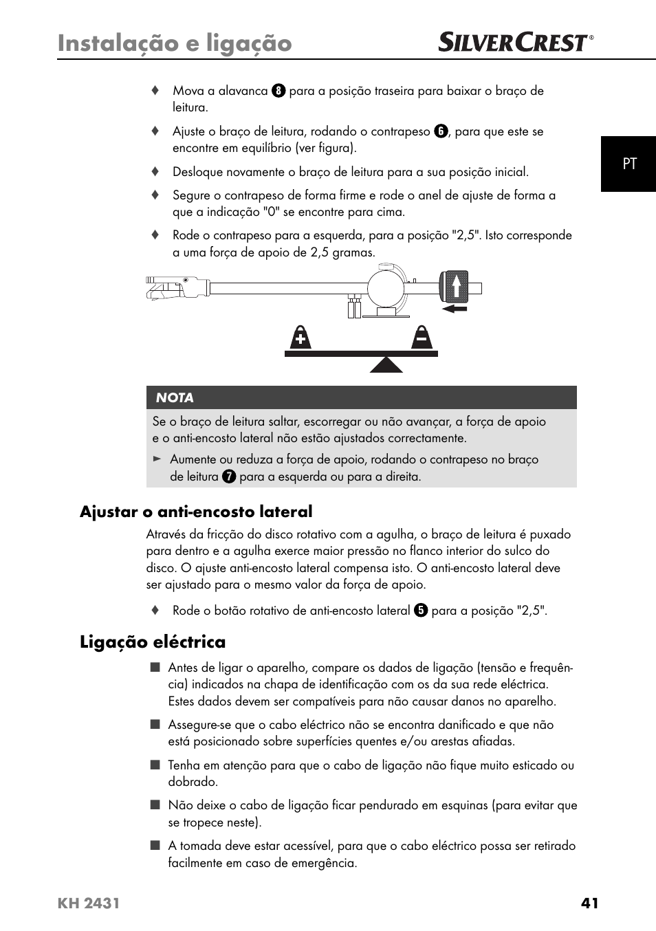 Instalação e ligação, Ligação eléctrica, Ajustar o anti-encosto lateral | Silvercrest KH 2431 User Manual | Page 44 / 124