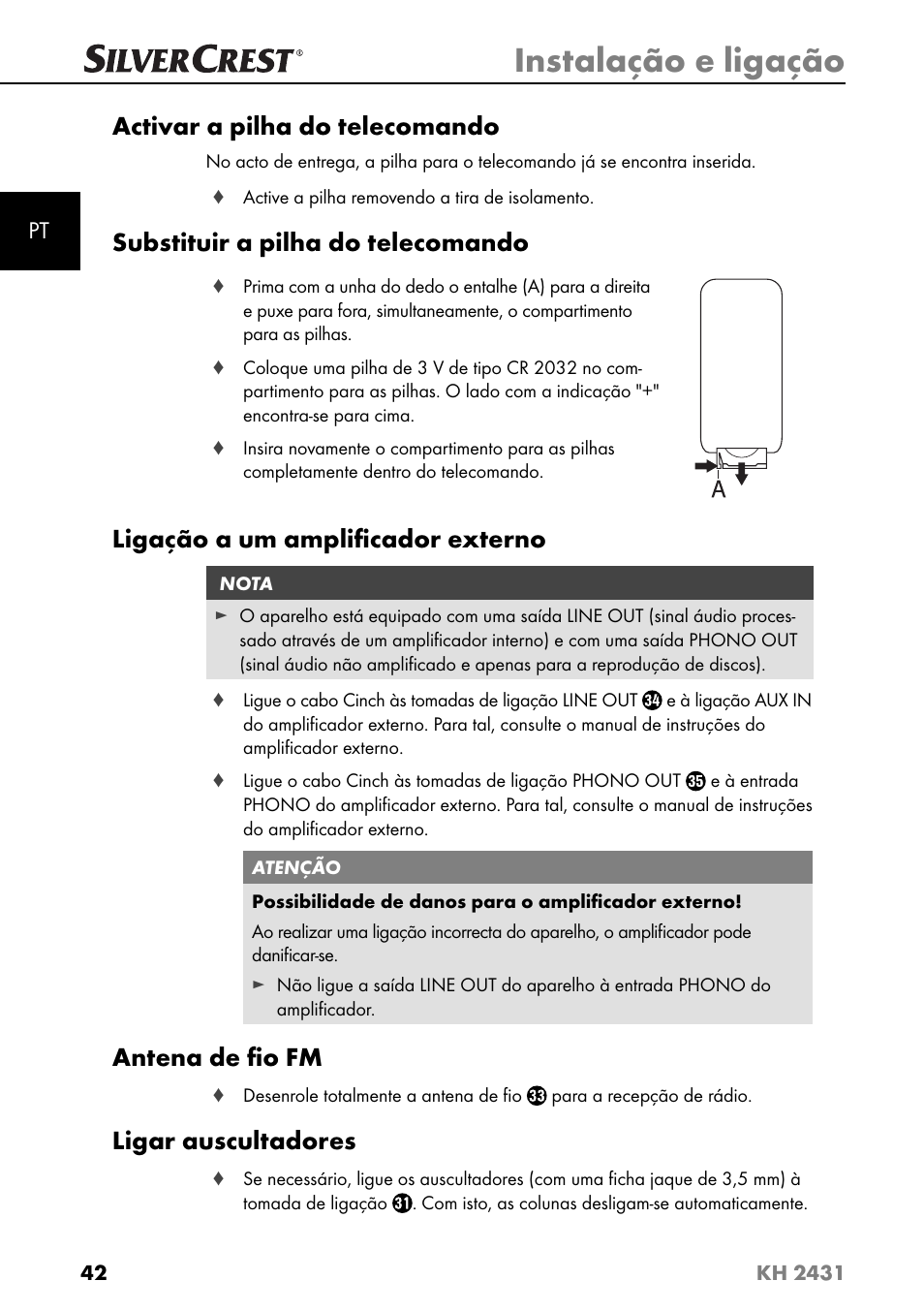 Instalação e ligação, Activar a pilha do telecomando, Substituir a pilha do telecomando | Ligação a um ampliﬁ cador externo, Antena de ﬁ o fm, Ligar auscultadores | Silvercrest KH 2431 User Manual | Page 45 / 124