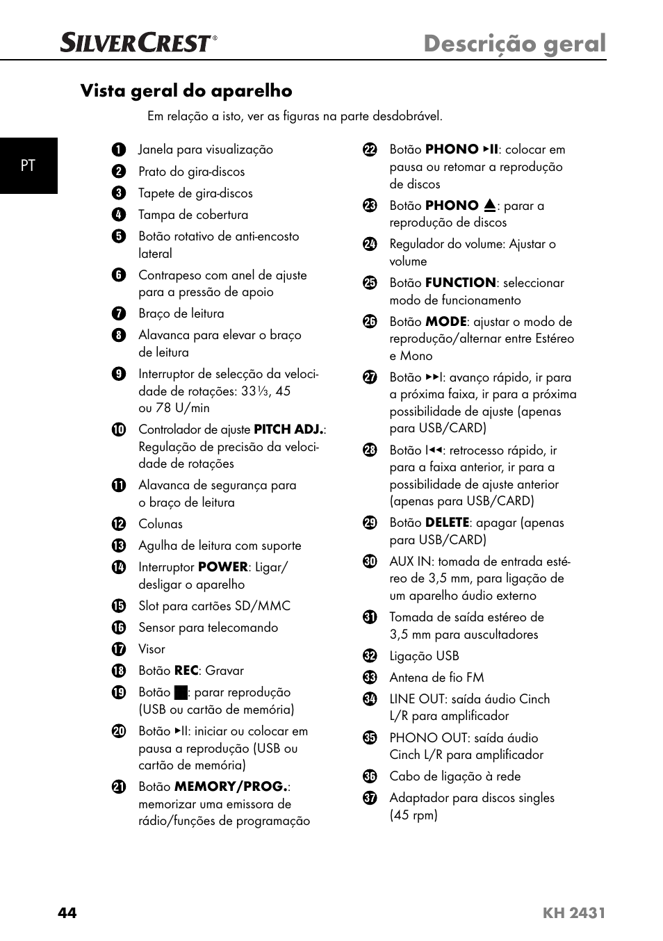 Descrição geral, Vista geral do aparelho | Silvercrest KH 2431 User Manual | Page 47 / 124