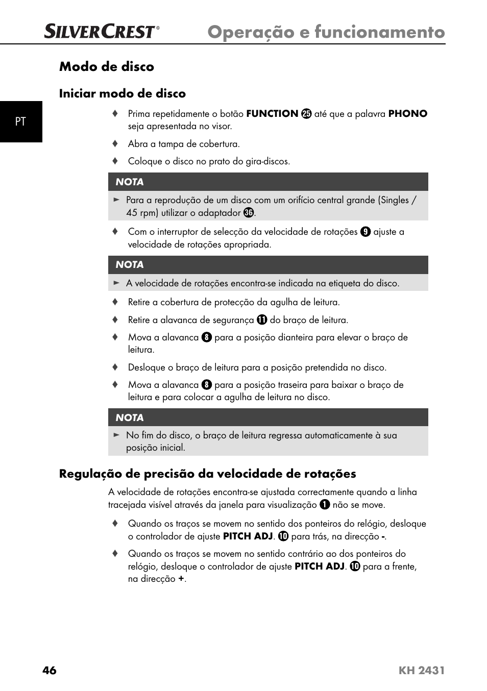 Operação e funcionamento, Modo de disco, Iniciar modo de disco | Regulação de precisão da velocidade de rotações | Silvercrest KH 2431 User Manual | Page 49 / 124
