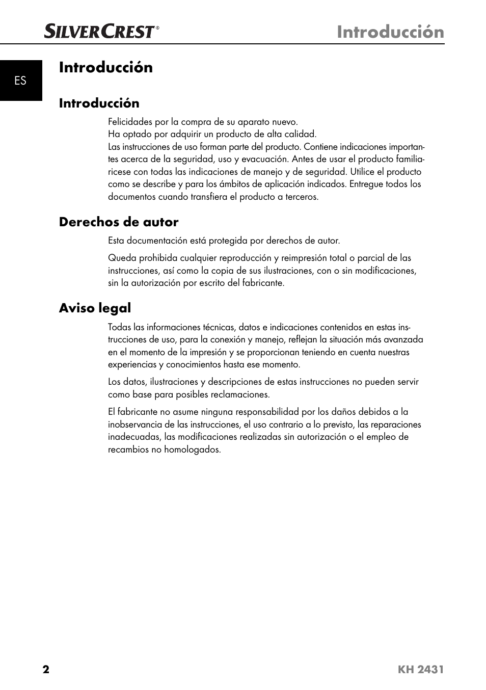 Introducción, Derechos de autor, Aviso legal | Silvercrest KH 2431 User Manual | Page 5 / 124