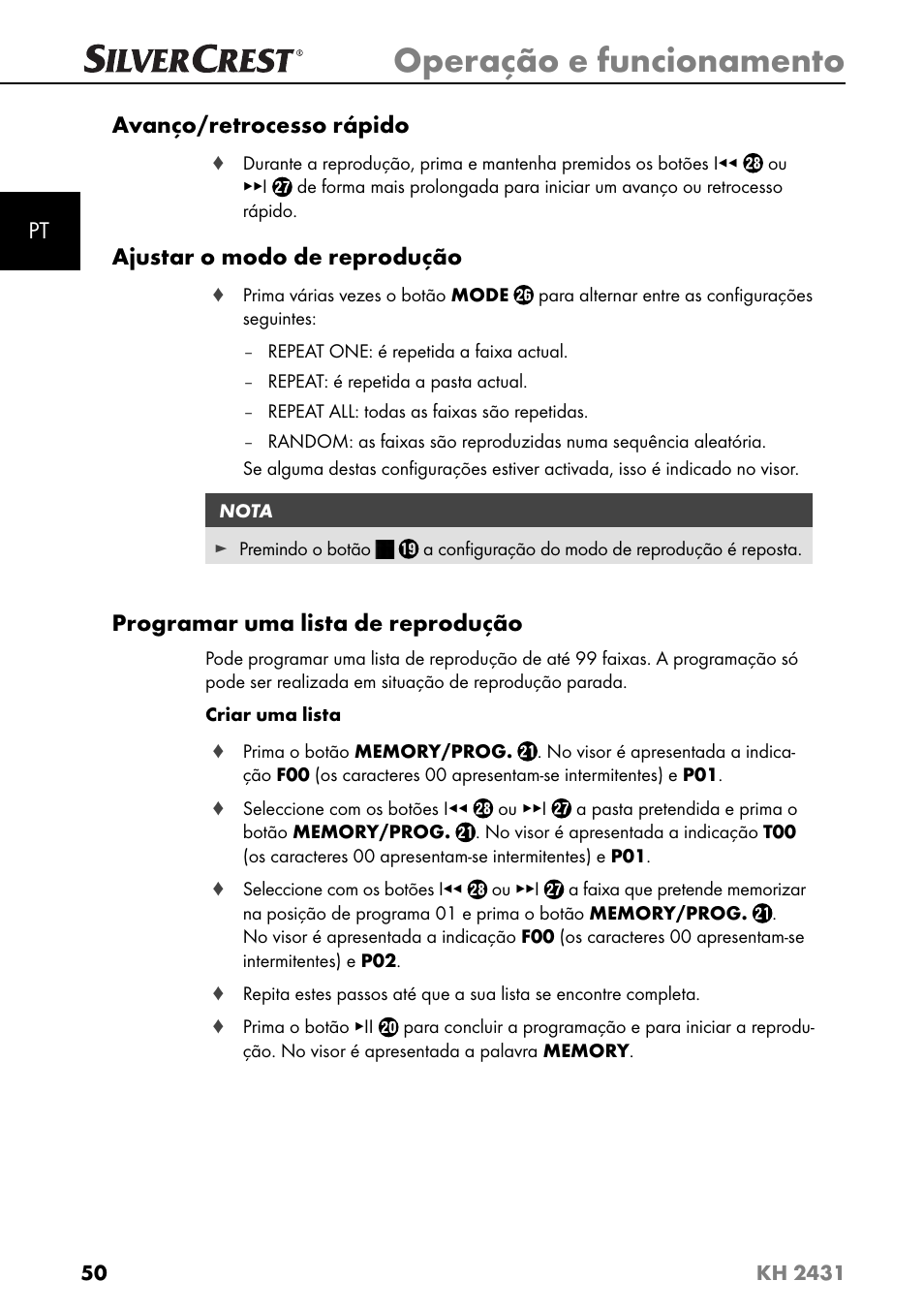 Operação e funcionamento, Pt avanço/retrocesso rápido, Ajustar o modo de reprodução | Programar uma lista de reprodução | Silvercrest KH 2431 User Manual | Page 53 / 124