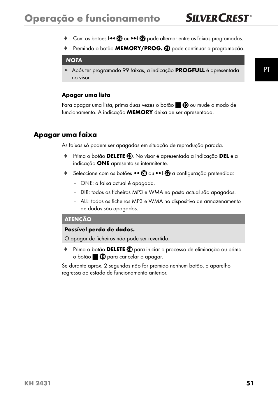 Operação e funcionamento, Apagar uma faixa | Silvercrest KH 2431 User Manual | Page 54 / 124