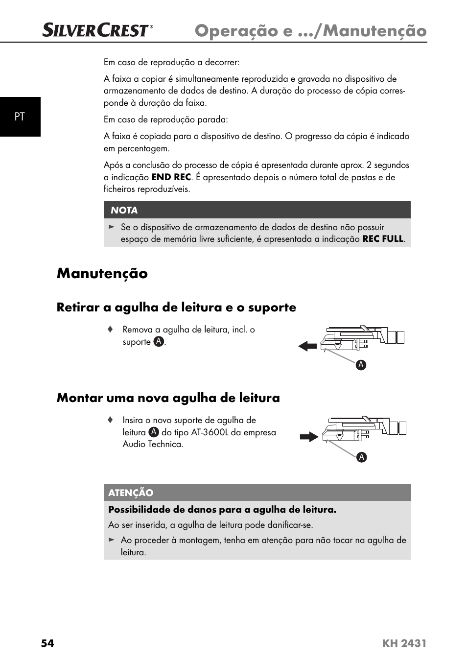 Operação e …/manutenção, Manutenção, Retirar a agulha de leitura e o suporte | Montar uma nova agulha de leitura | Silvercrest KH 2431 User Manual | Page 57 / 124