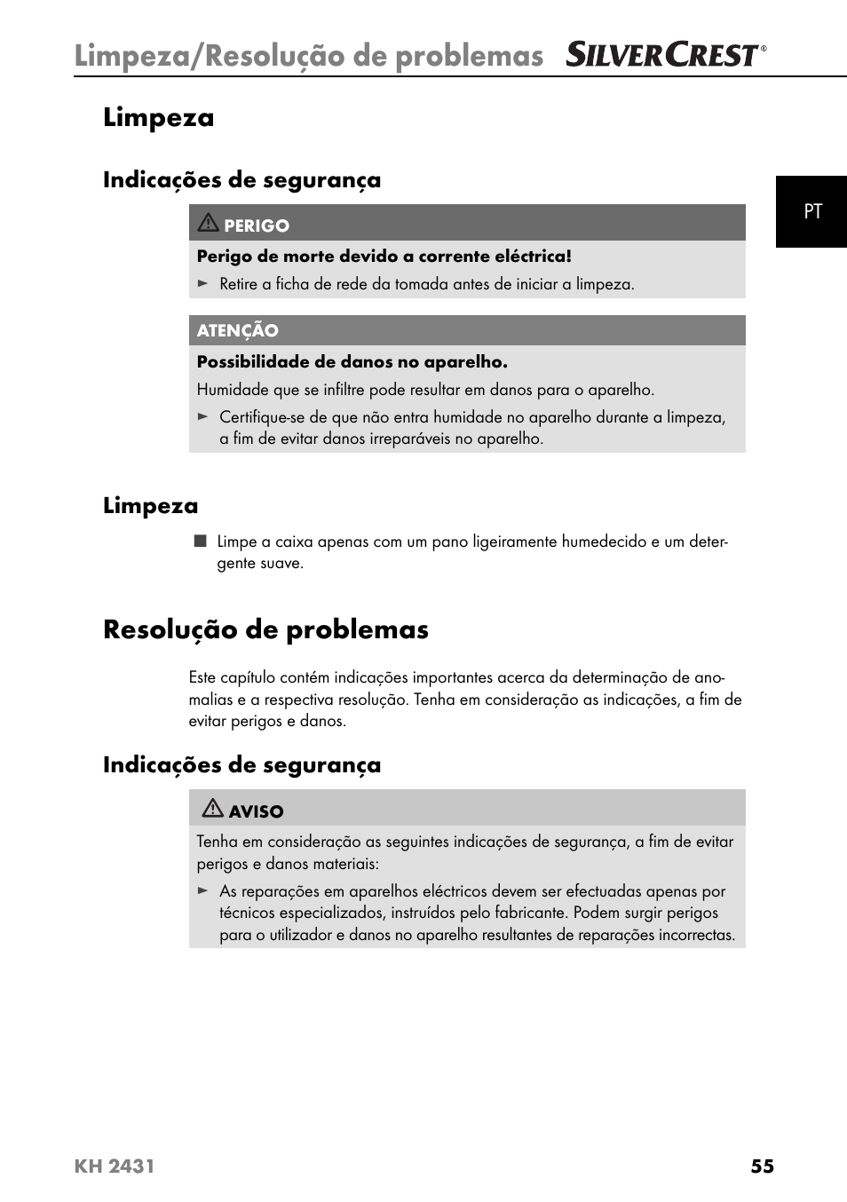 Limpeza/resolução de problemas, Limpeza, Resolução de problemas | Indicações de segurança | Silvercrest KH 2431 User Manual | Page 58 / 124