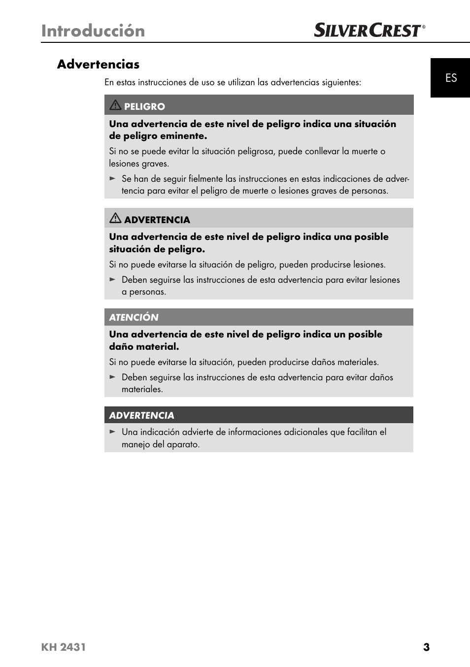Introducción, Advertencias | Silvercrest KH 2431 User Manual | Page 6 / 124