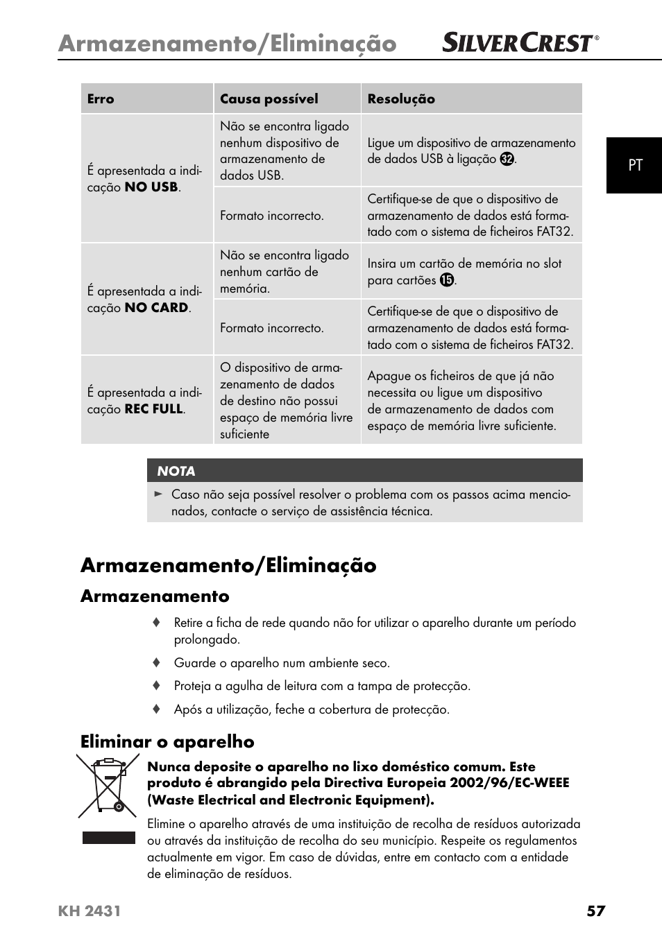 Armazenamento/eliminação, Armazenamento, Eliminar o aparelho | Silvercrest KH 2431 User Manual | Page 60 / 124