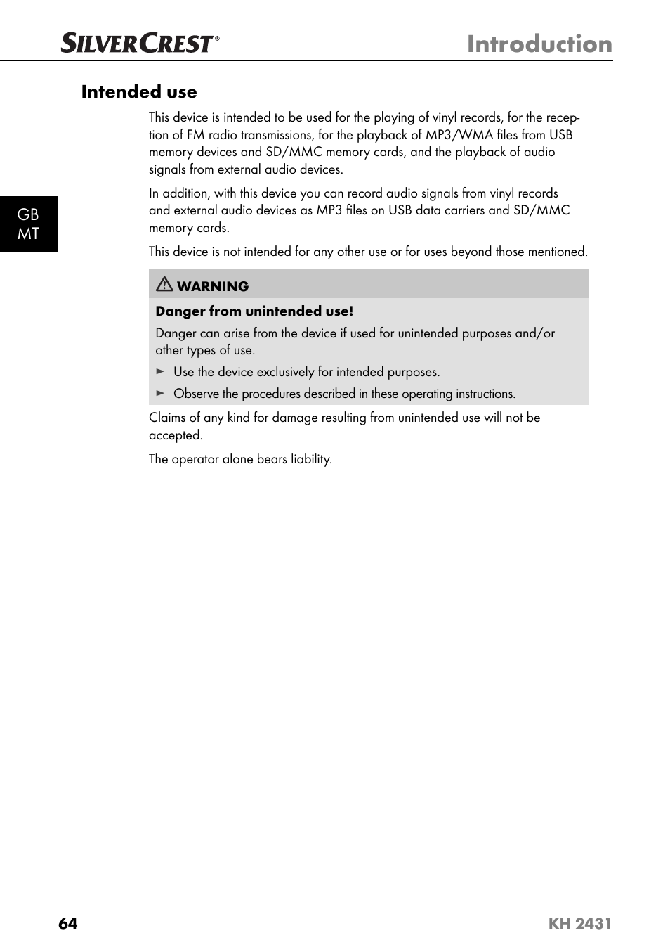 Introduction, Intended use | Silvercrest KH 2431 User Manual | Page 67 / 124