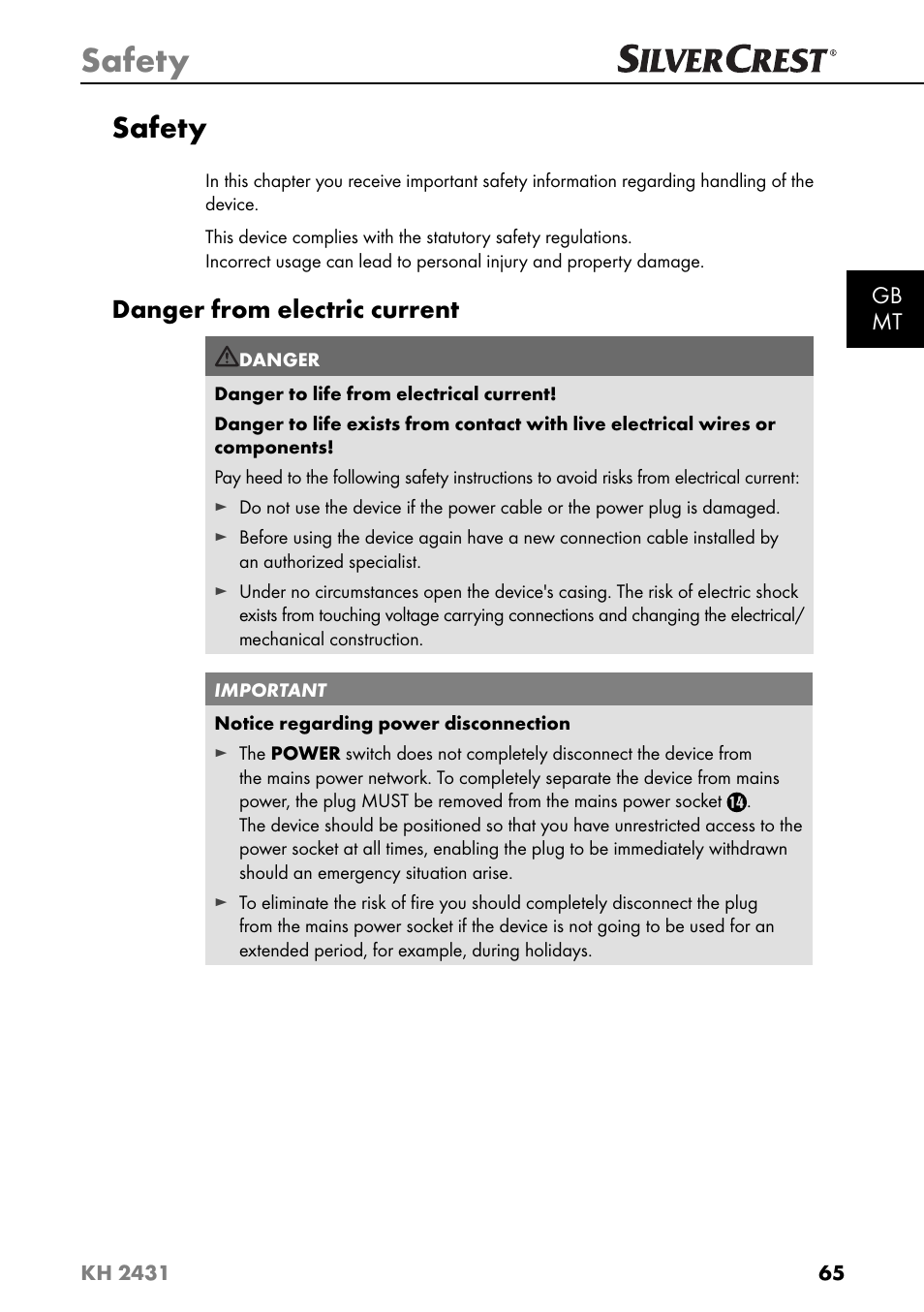 Safety, Danger from electric current | Silvercrest KH 2431 User Manual | Page 68 / 124