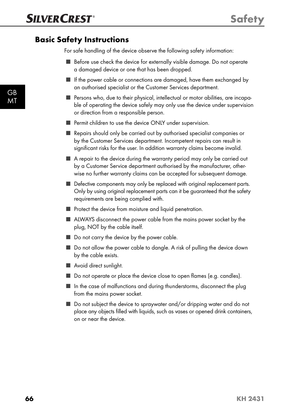 Safety, Basic safety instructions, Gb mt | Silvercrest KH 2431 User Manual | Page 69 / 124