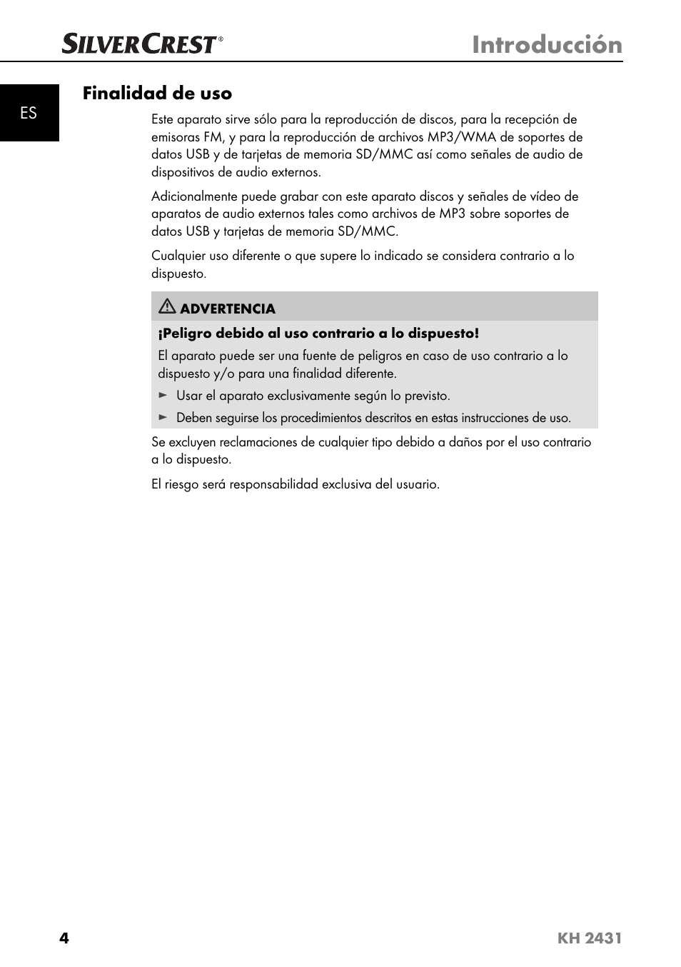 Introducción, Finalidad de uso | Silvercrest KH 2431 User Manual | Page 7 / 124