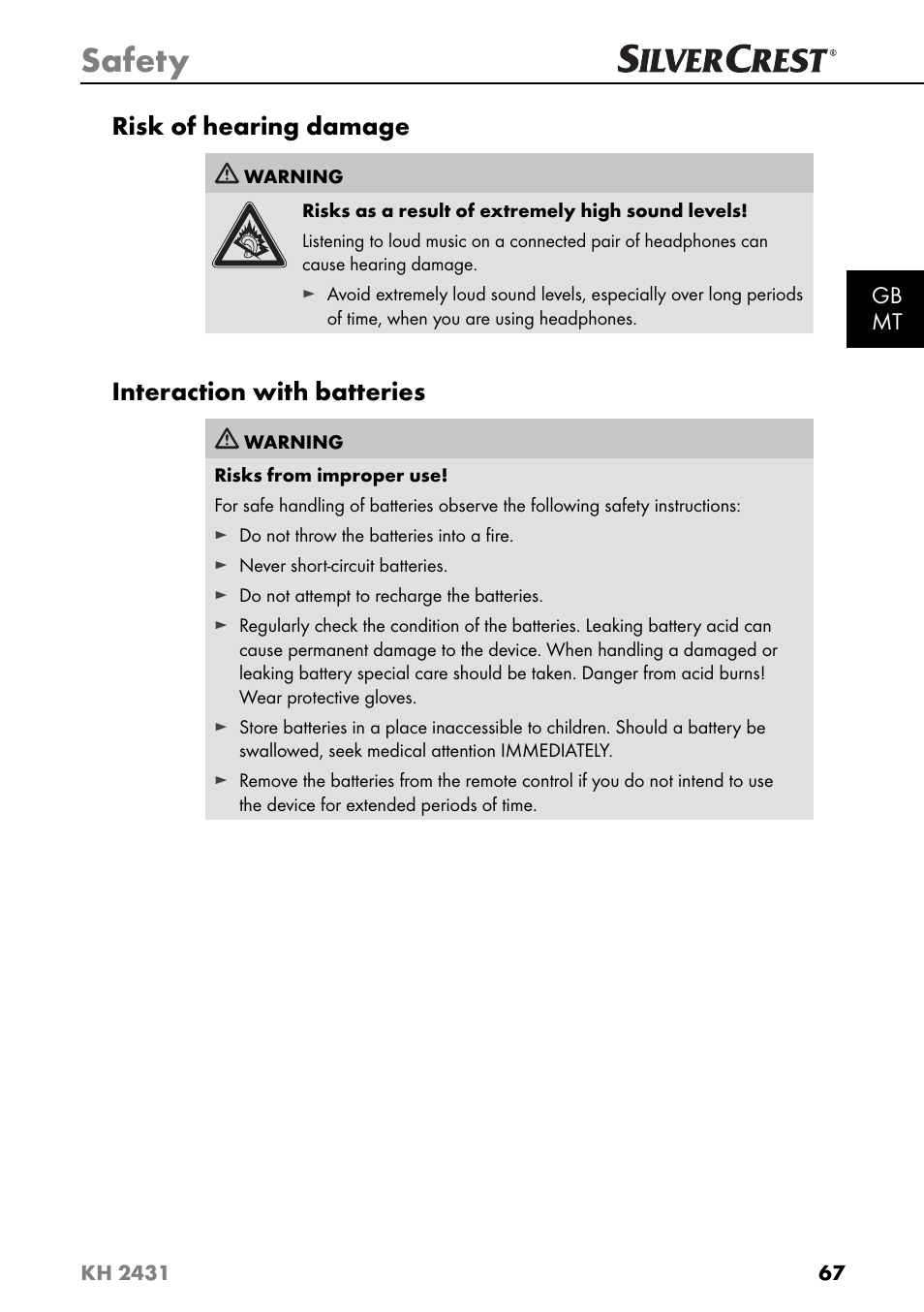 Safety, Risk of hearing damage, Interaction with batteries | Silvercrest KH 2431 User Manual | Page 70 / 124