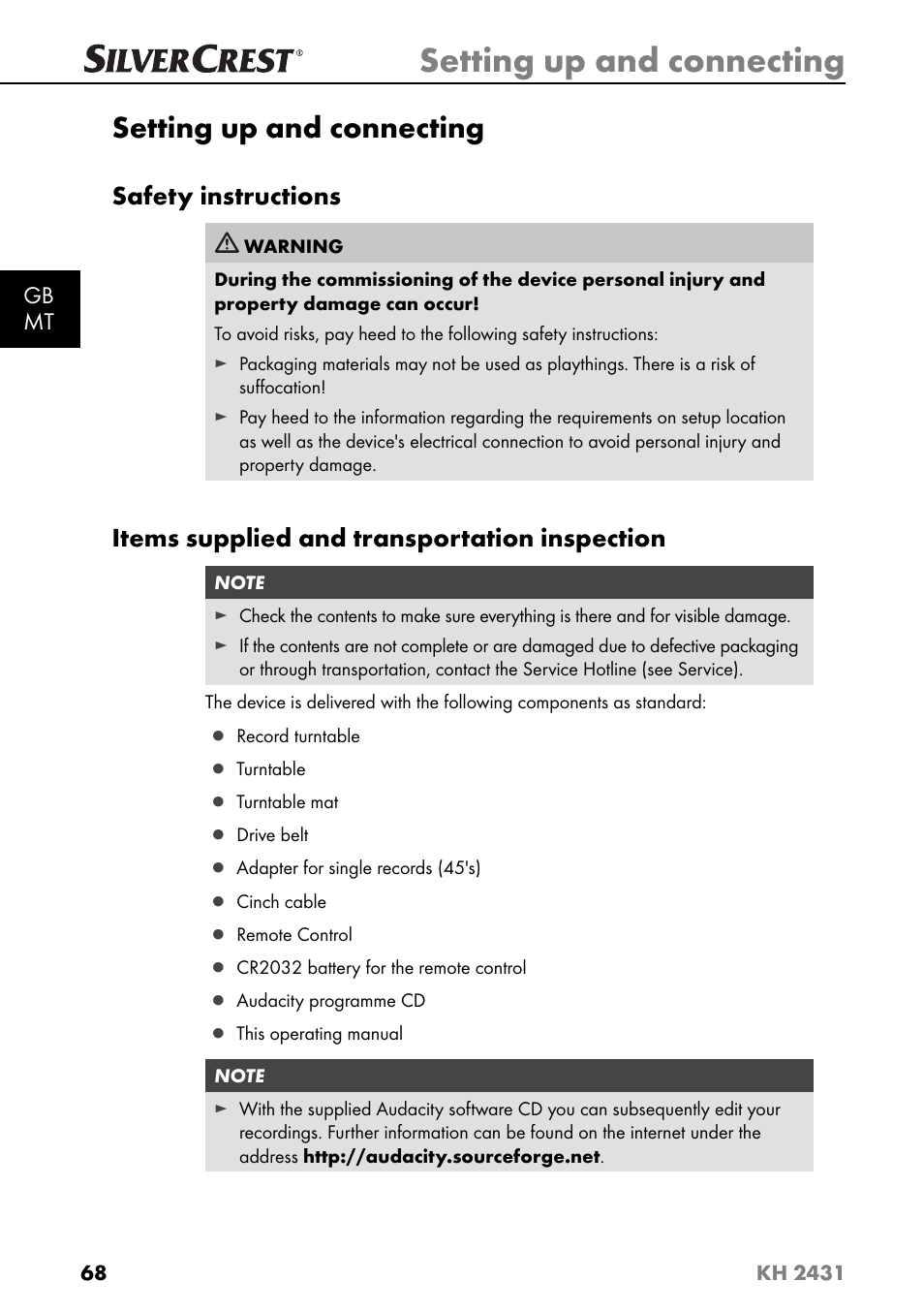 Setting up and connecting, Safety instructions, Items supplied and transportation inspection | Silvercrest KH 2431 User Manual | Page 71 / 124