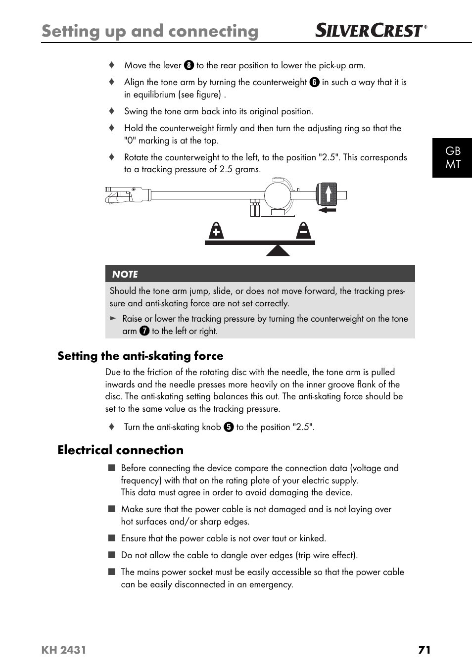 Setting up and connecting, Electrical connection, Gb mt | Setting the anti-skating force | Silvercrest KH 2431 User Manual | Page 74 / 124