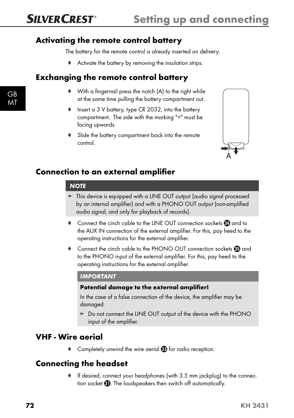 Setting up and connecting, Activating the remote control battery, Exchanging the remote control battery | Connection to an external ampliﬁ er, Vhf - wire aerial, Connecting the headset | Silvercrest KH 2431 User Manual | Page 75 / 124