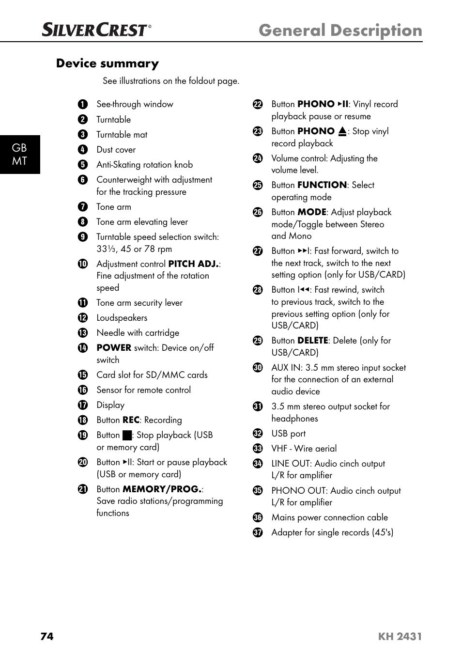 General description, Device summary, Gb mt | Silvercrest KH 2431 User Manual | Page 77 / 124