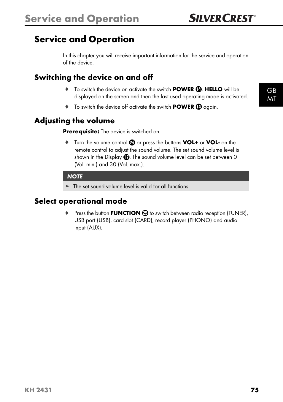 Service and operation, Switching the device on and oﬀ, Adjusting the volume | Select operational mode | Silvercrest KH 2431 User Manual | Page 78 / 124