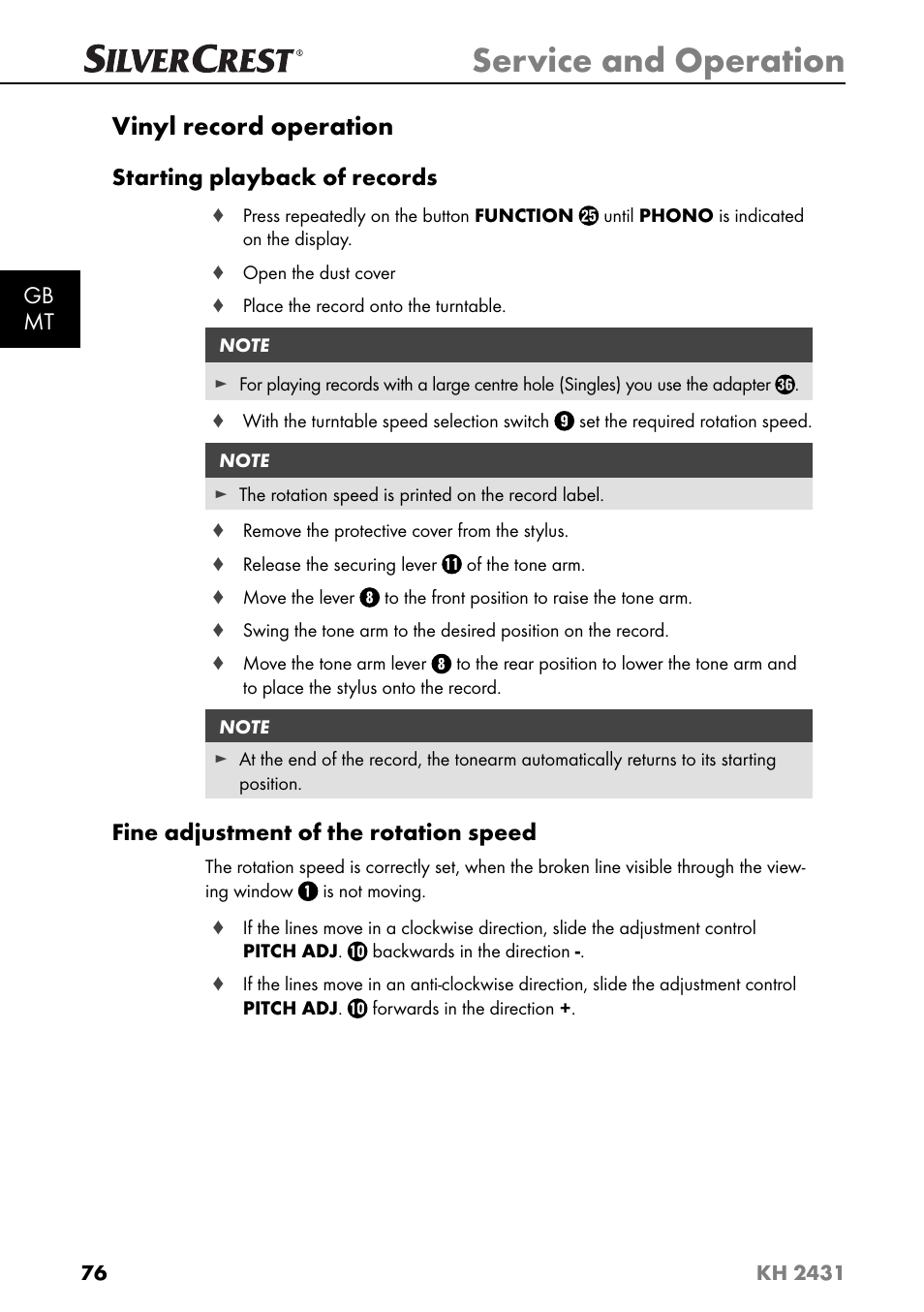 Service and operation, Vinyl record operation, Gb mt | Starting playback of records, Fine adjustment of the rotation speed | Silvercrest KH 2431 User Manual | Page 79 / 124