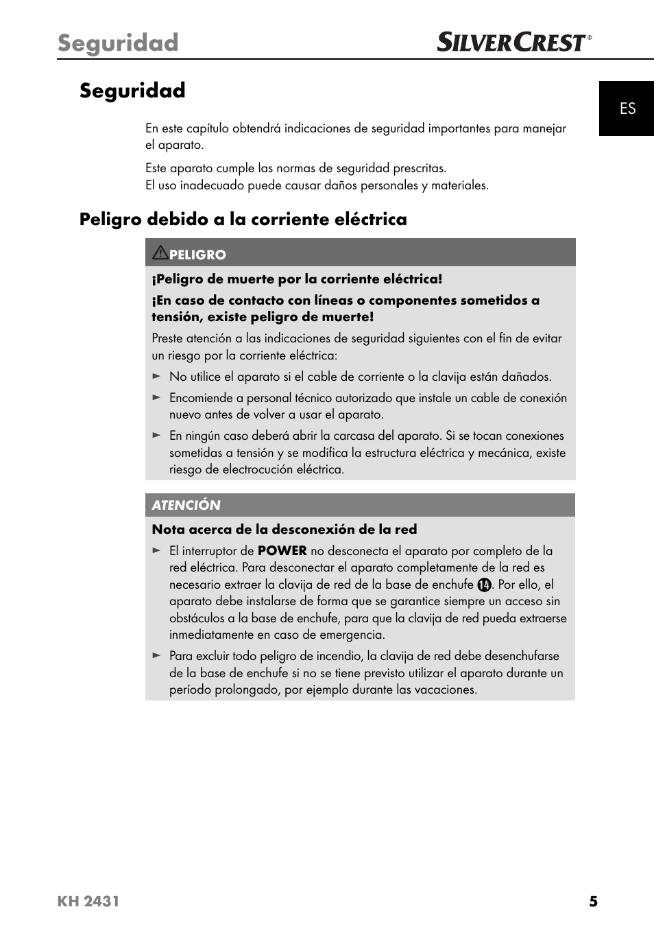 Seguridad, Peligro debido a la corriente eléctrica | Silvercrest KH 2431 User Manual | Page 8 / 124