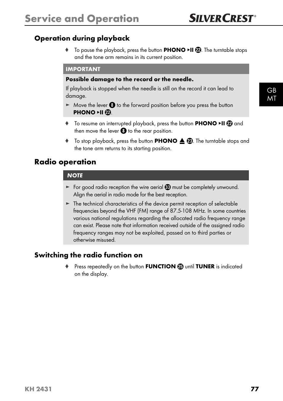 Service and operation, Radio operation | Silvercrest KH 2431 User Manual | Page 80 / 124