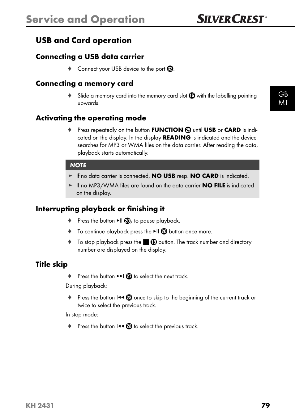 Service and operation, Usb and card operation | Silvercrest KH 2431 User Manual | Page 82 / 124